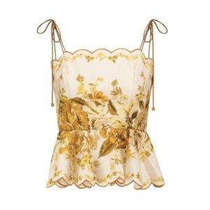 Zimmermann yellow & ivory floral print linen Aliane scalloped camisole